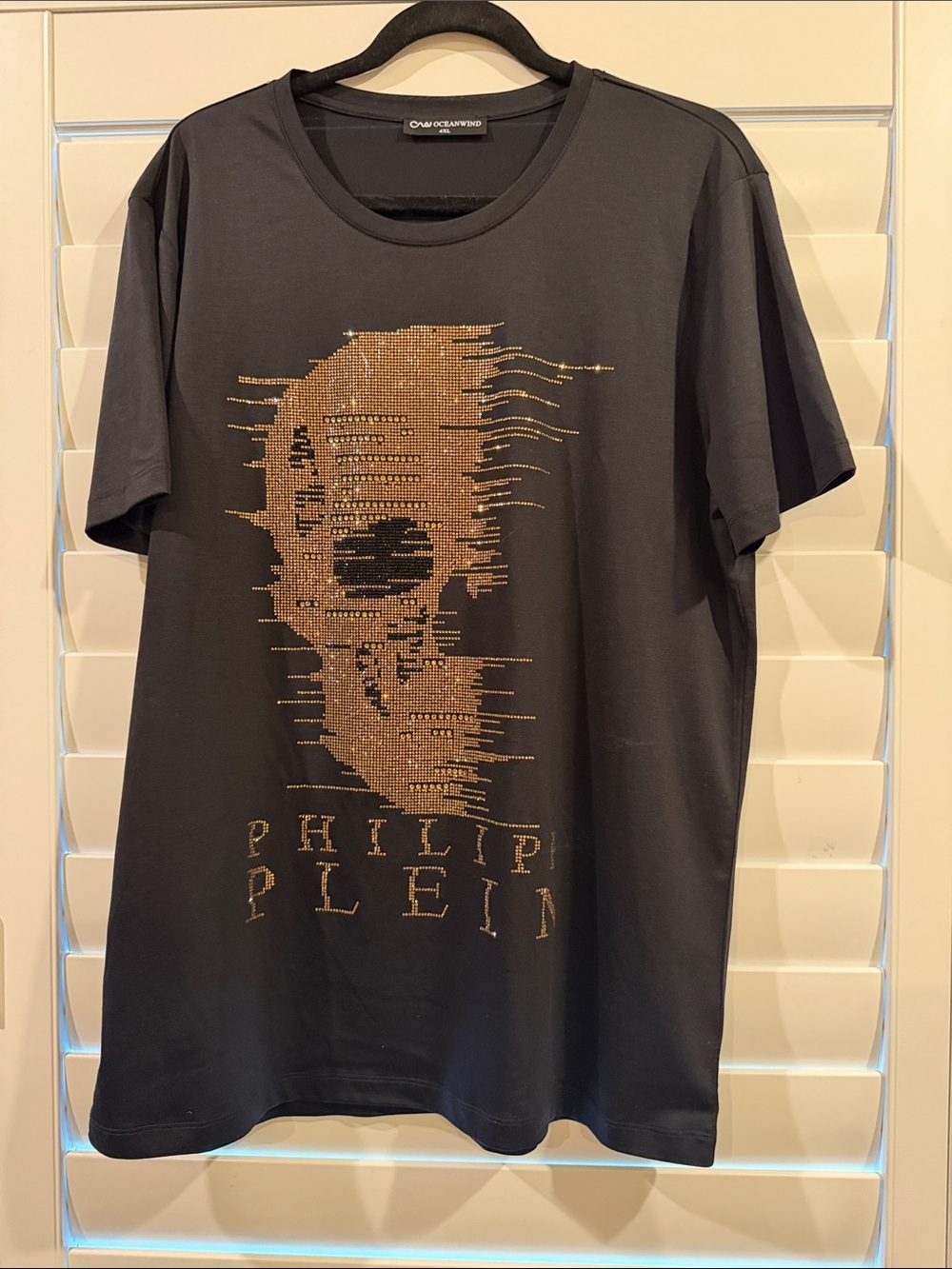 Philipp Plein Black T-Shirt with Gold Rhinestone Skull